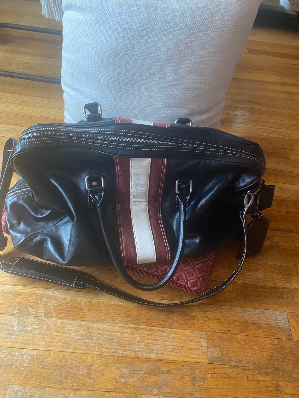 Red envelope Black Leather Weekender Bag with Red and White Racing Stripe
